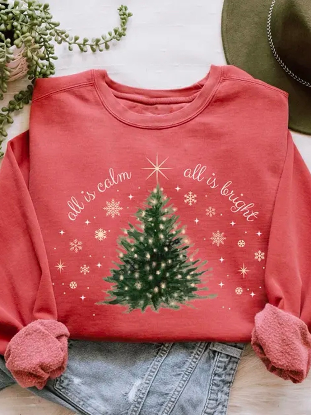 Gildan Coral Red Women's Christmas Tree Crewneck Sweatshirt